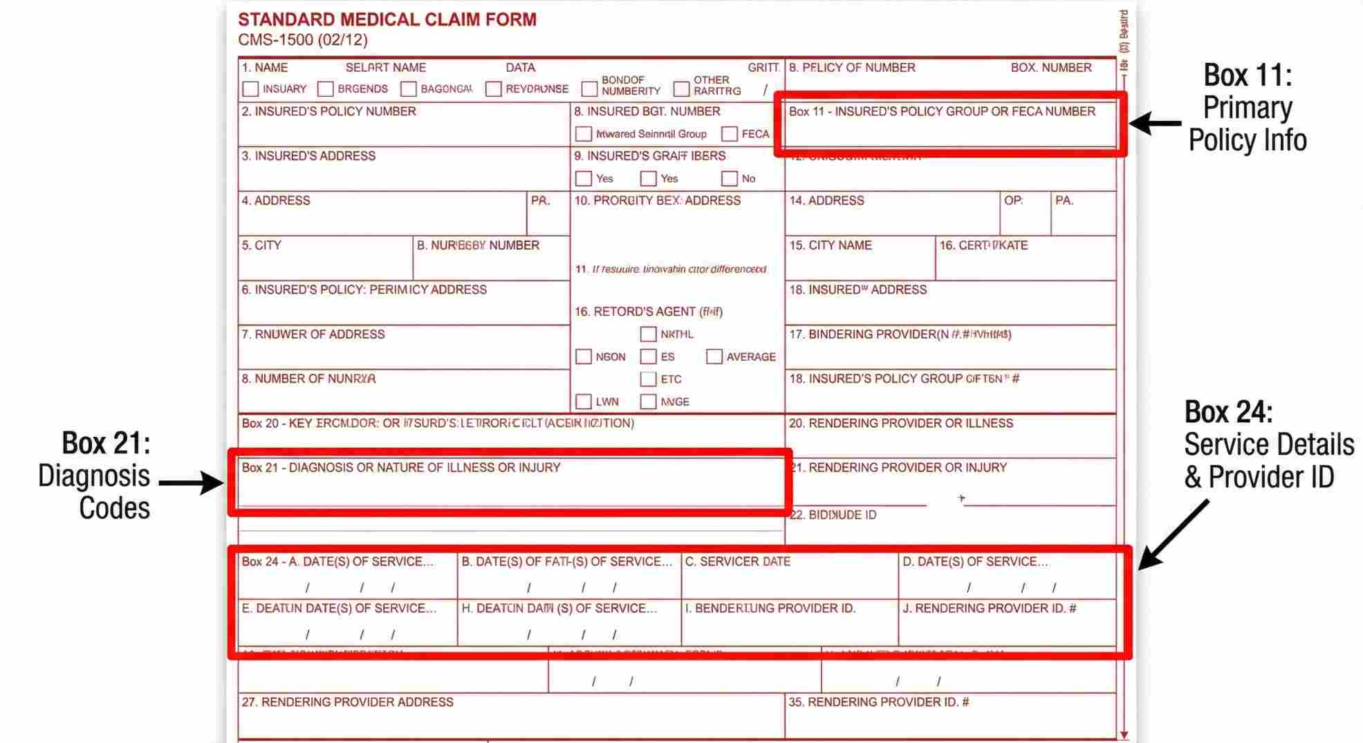 CMS-1500 form example for therapists highlighting diagnosis and CPT code fields