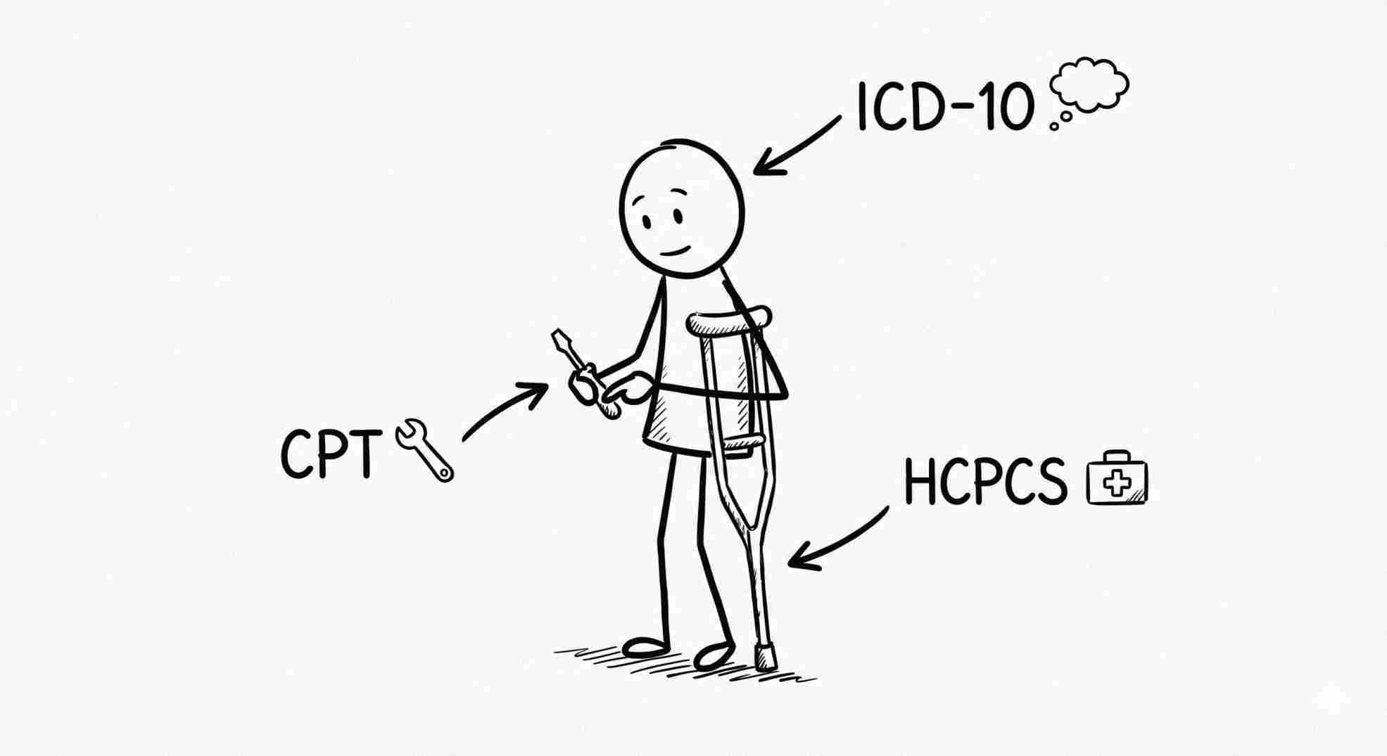 Medical coding examples showing difference between ICD-10 CPT and HCPCS