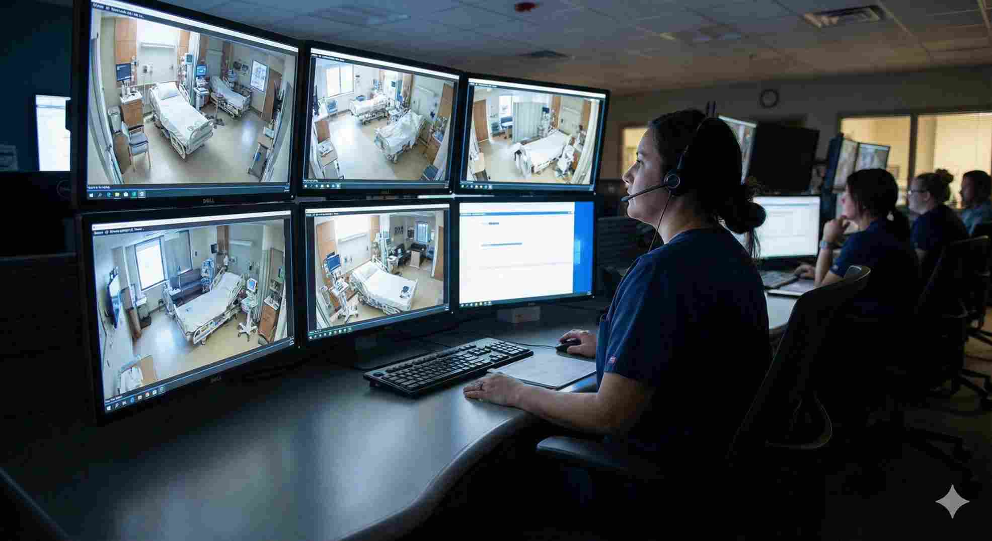 Virtual nursing assistant monitoring multiple patient rooms for safety in a command center