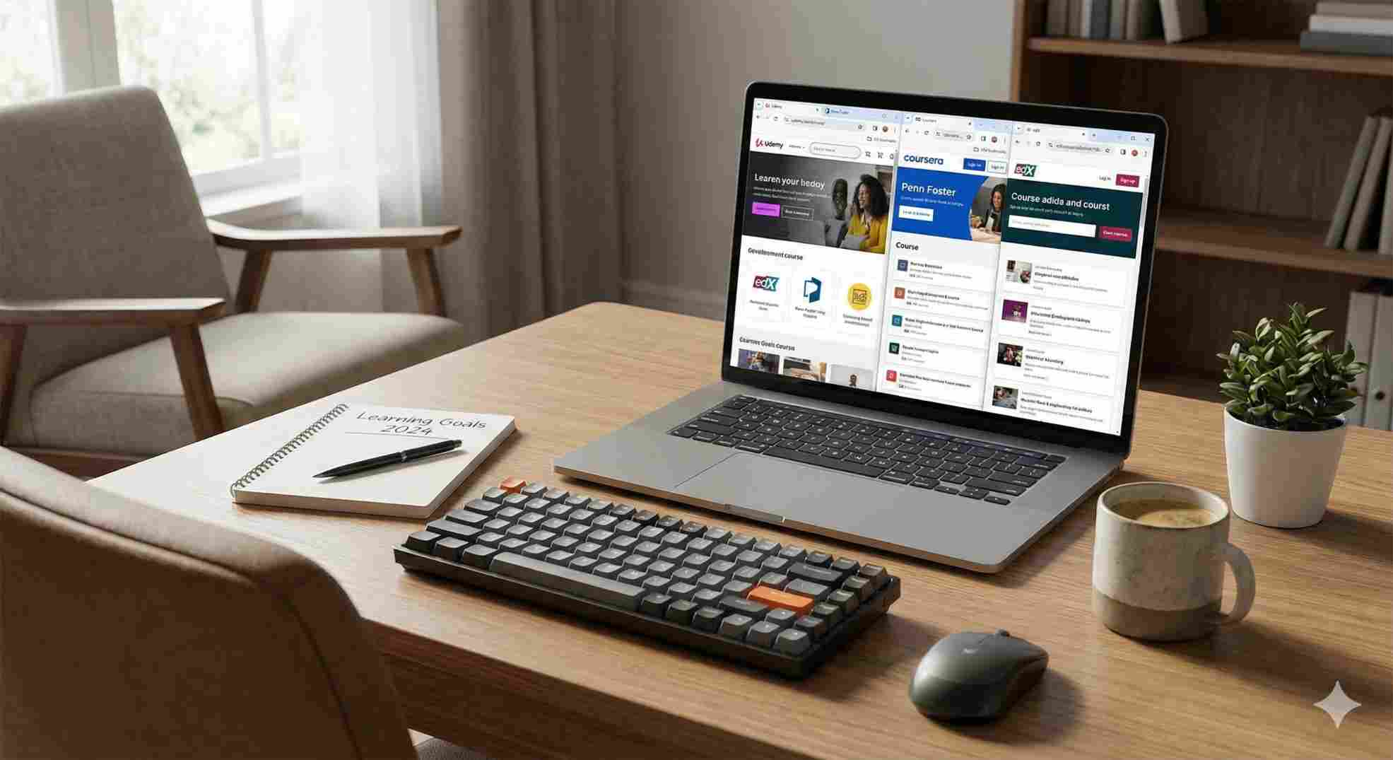 A home office desk setup with a laptop displaying various online course platforms, representing the search for certified virtual assistant training.
