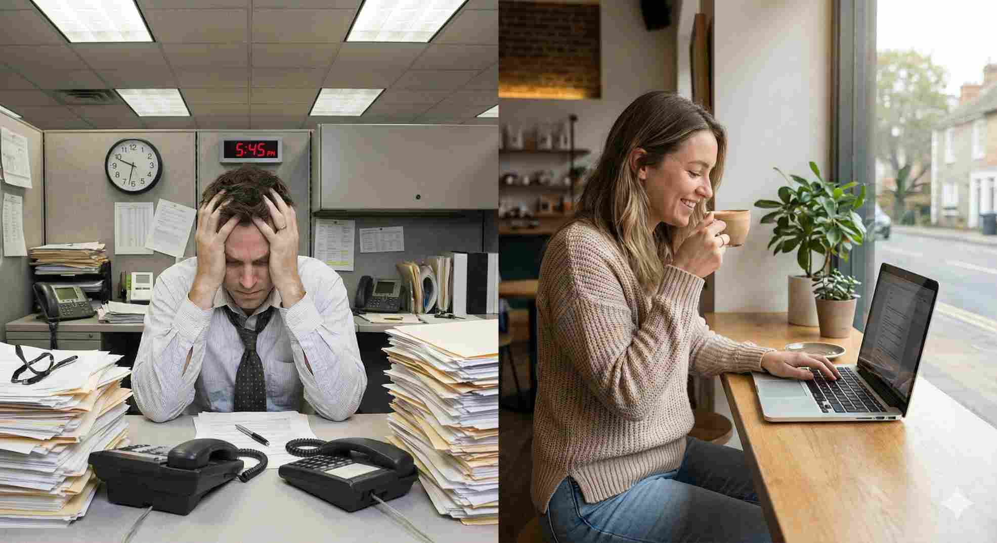 A split-screen comparison showing the difference between a 9-5 job and the remote freedom gained after taking the best virtual assistant course.