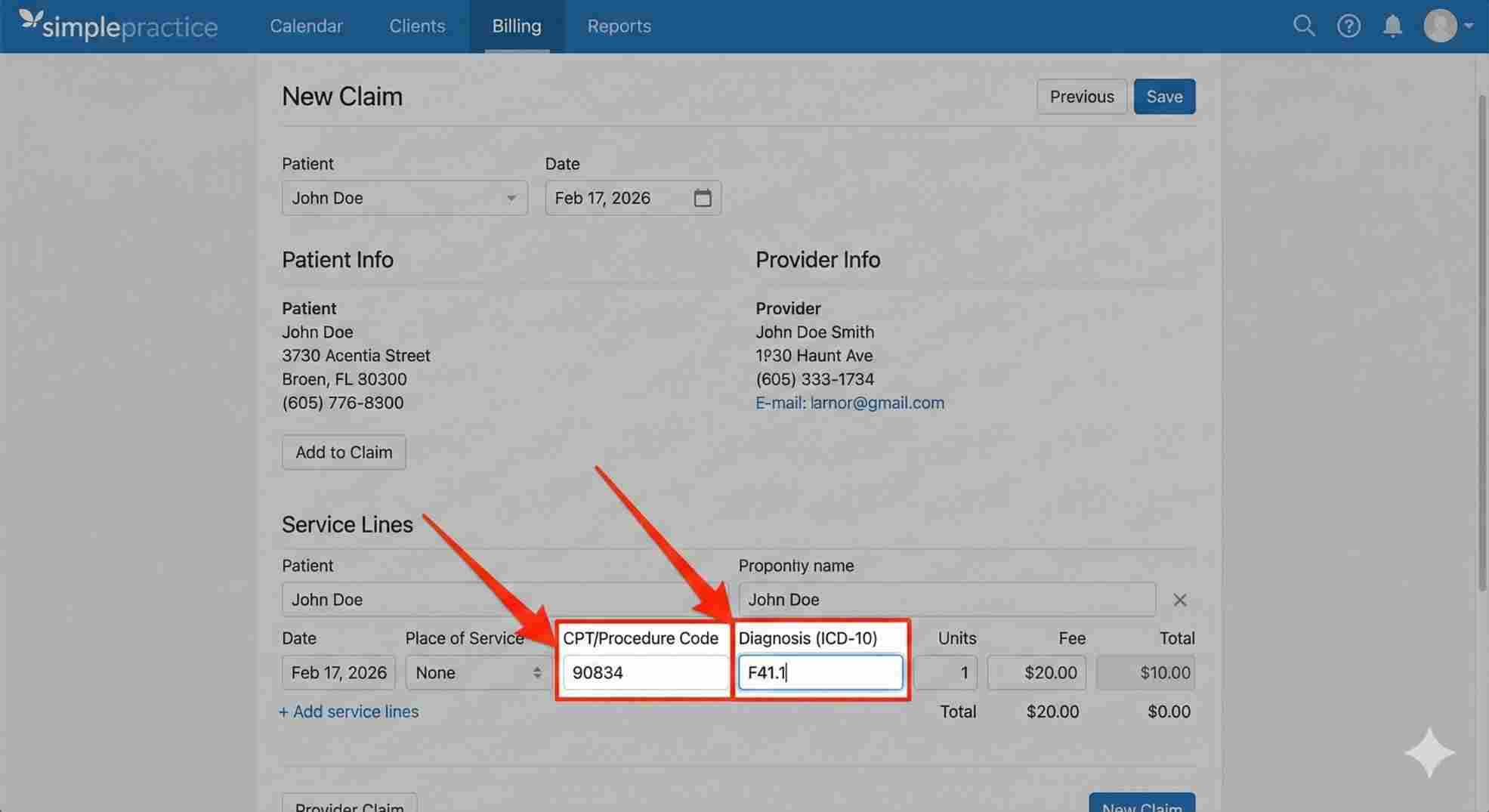 EHR software screen used in mental health billing training.