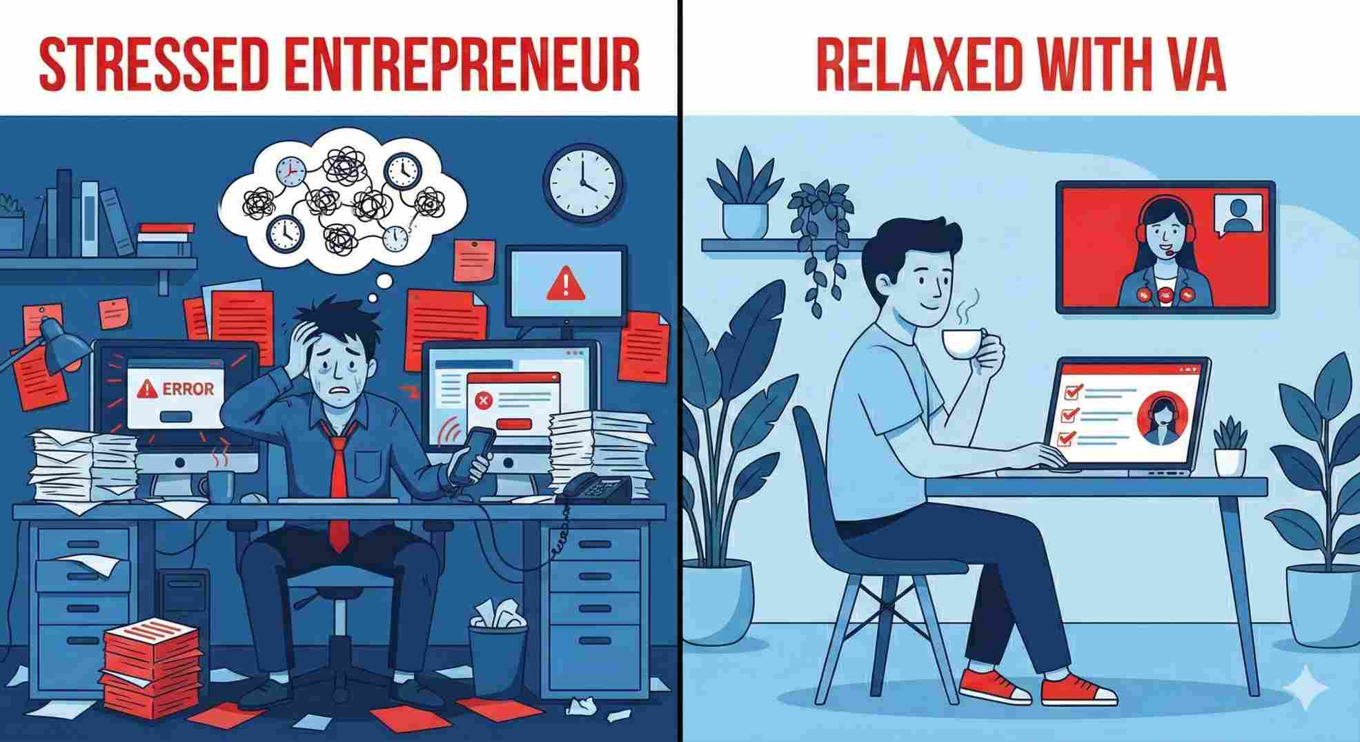 stressed business owner vs organized entrepreneur using best virtual assistant services