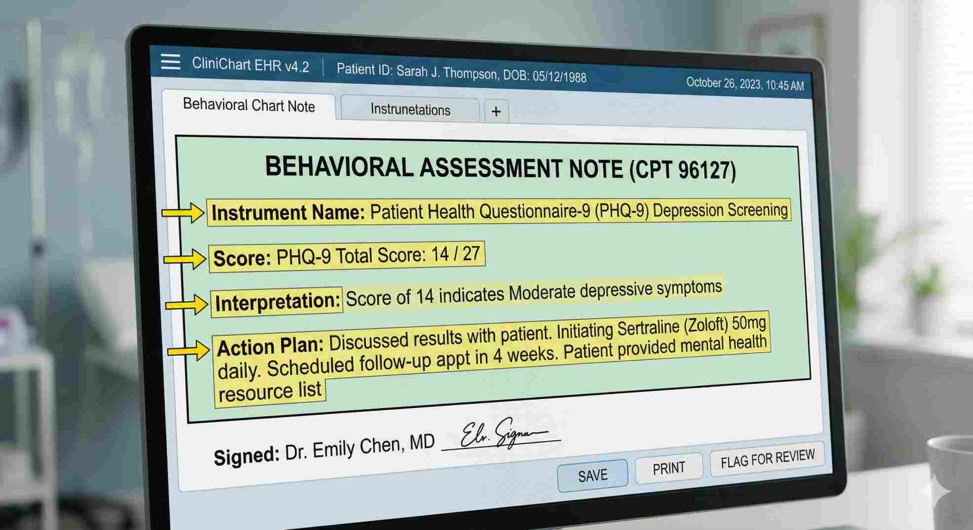 A perfect clinical note meeting 96127 billing guidelines.