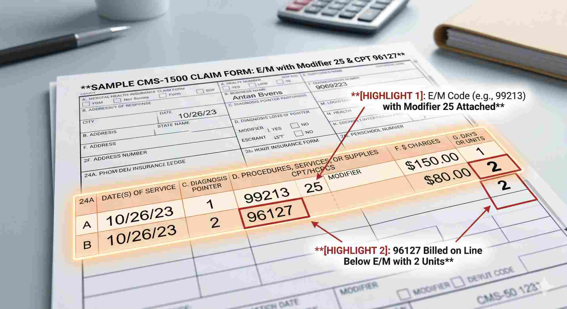 Applying modifier 25 for 96127 billing guidelines.
