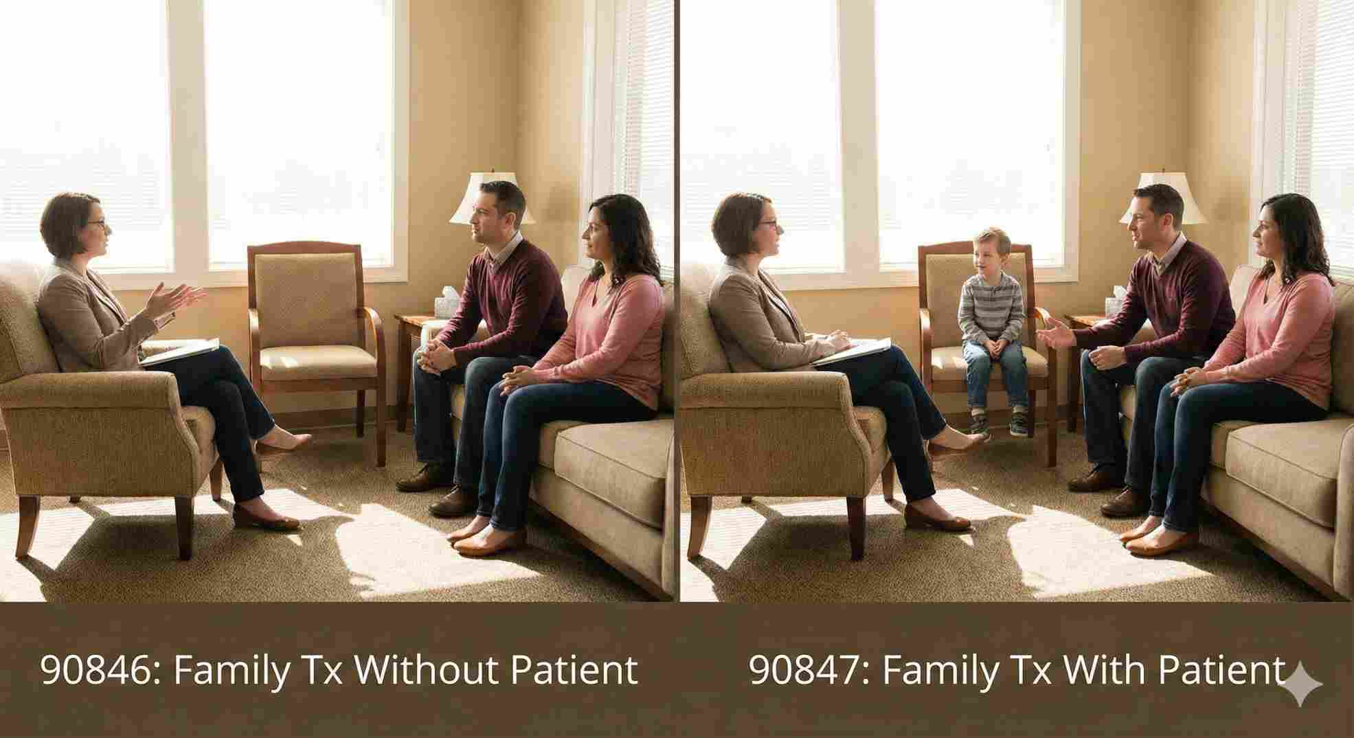 Difference between 90846 and 90847 cpt codes based on patient presence.