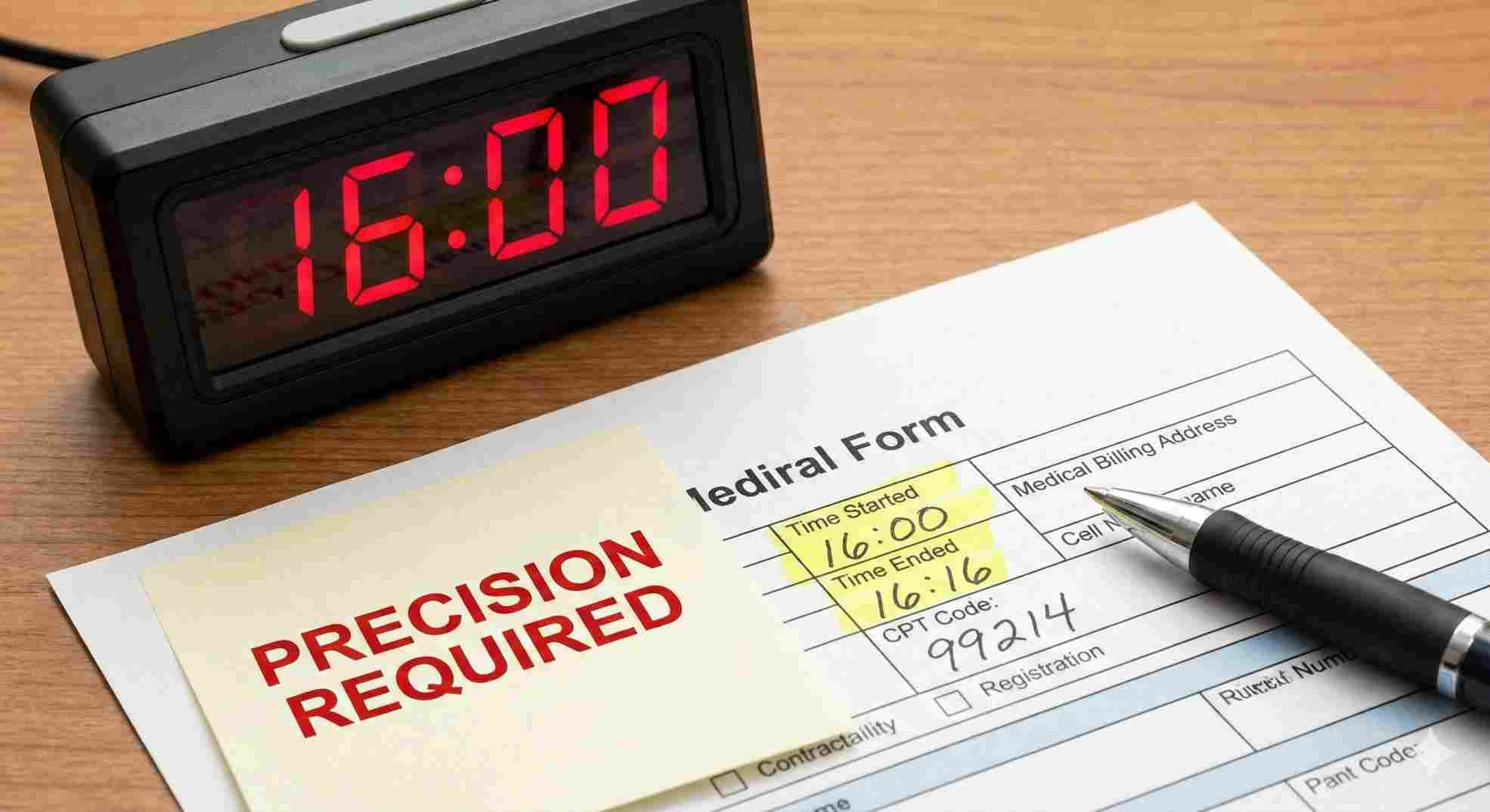 Digital clock showing 16 minutes to illustrate the 90832 time range for psychotherapy billing.