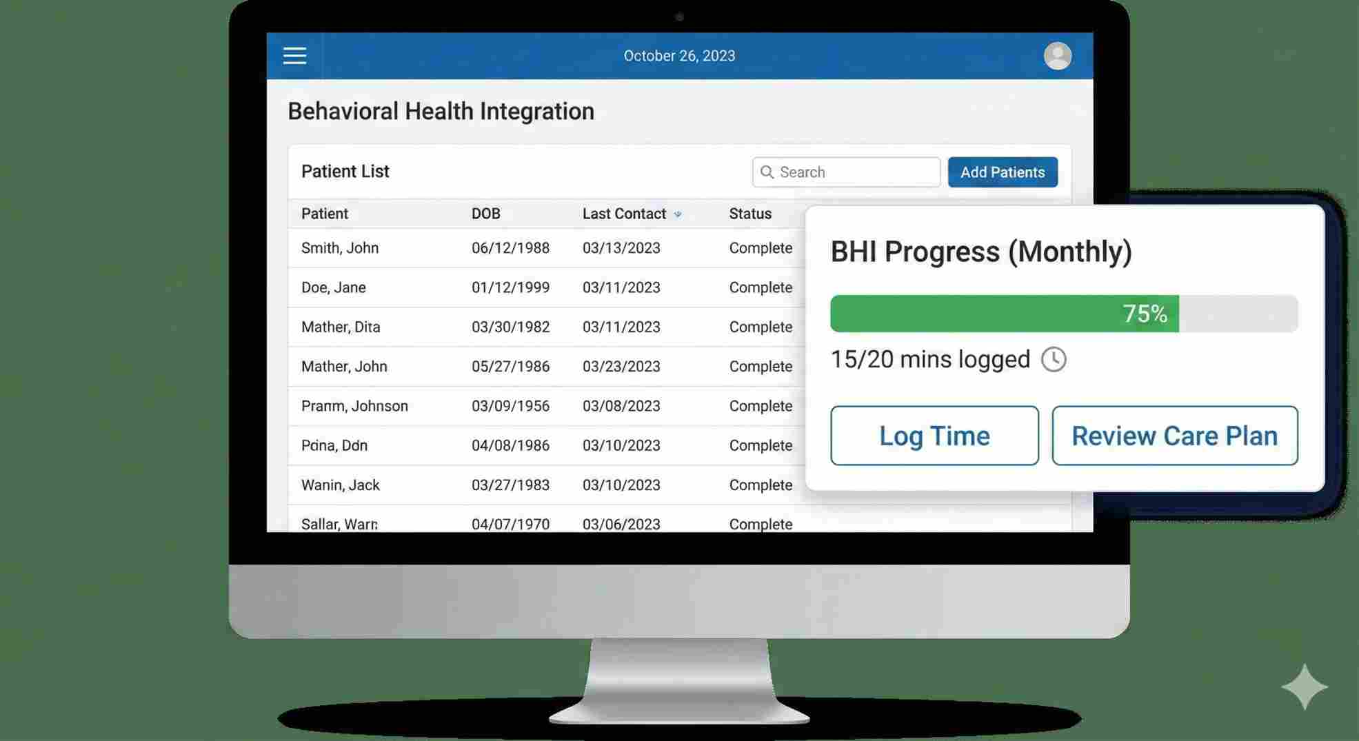 EHR functionalities for medicare bhi cpt codes billing showing time tracking features.