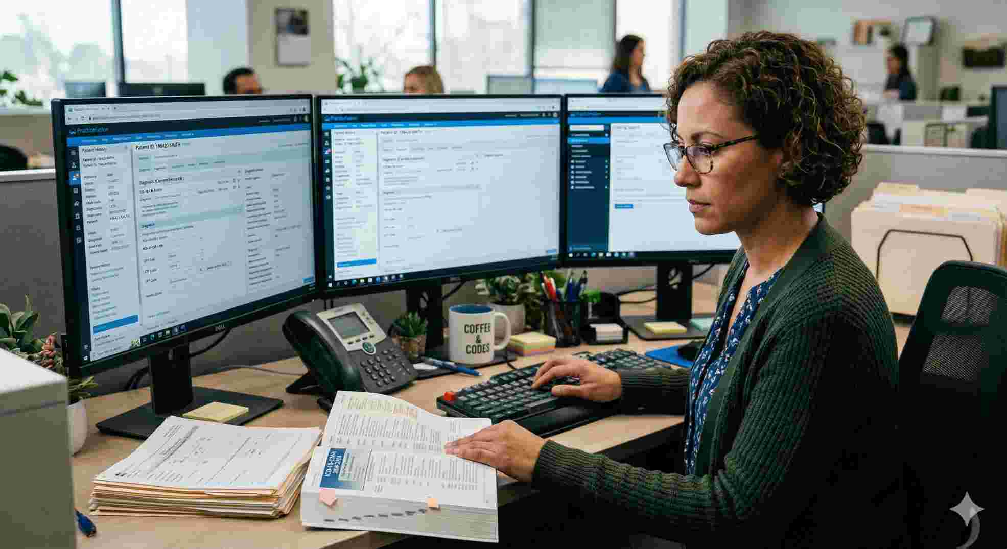 Medical biller typing the most common icd 10 codes into a billing software