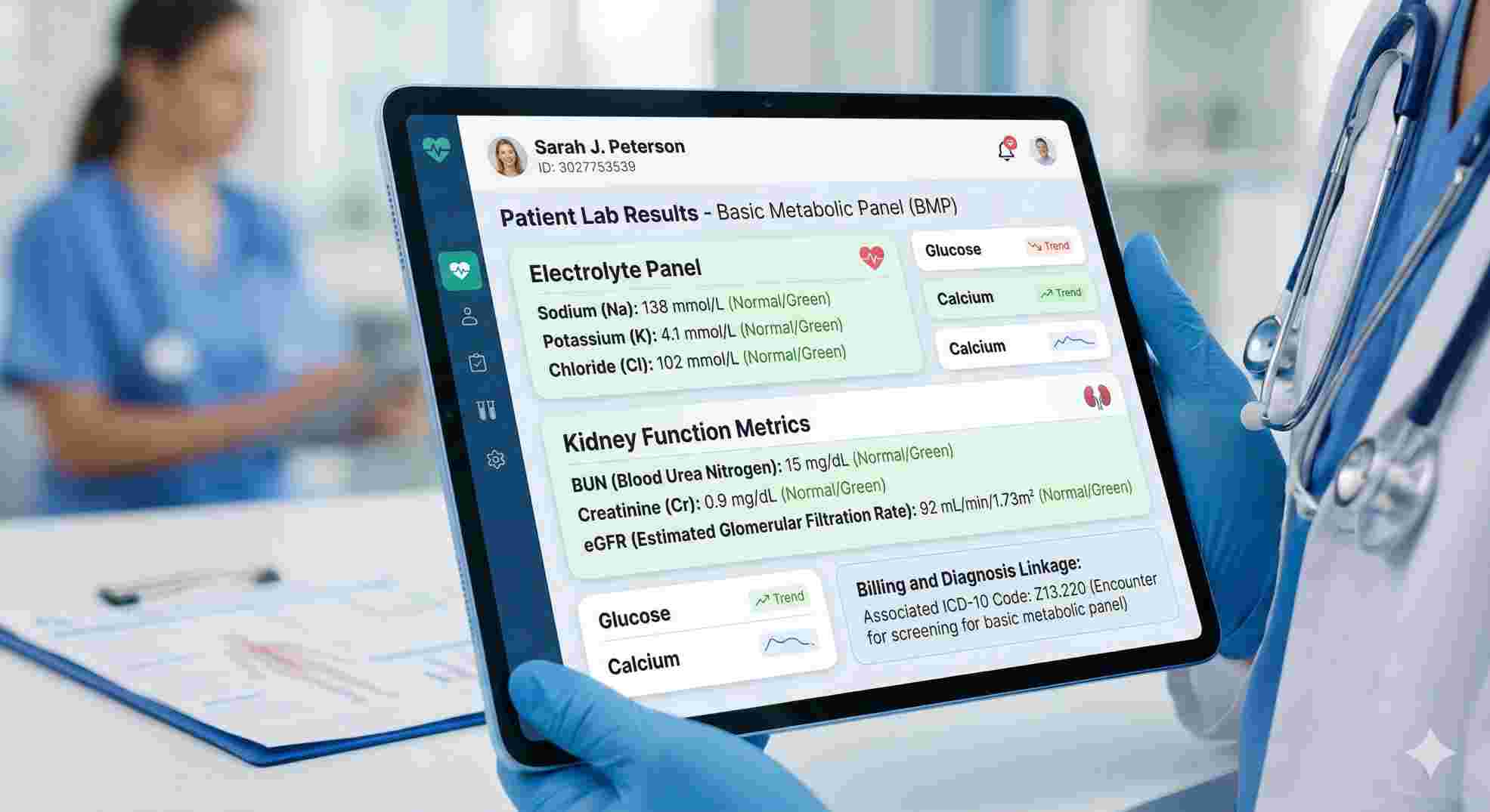 Medical tablet displaying lab results linked to a bmp icd code