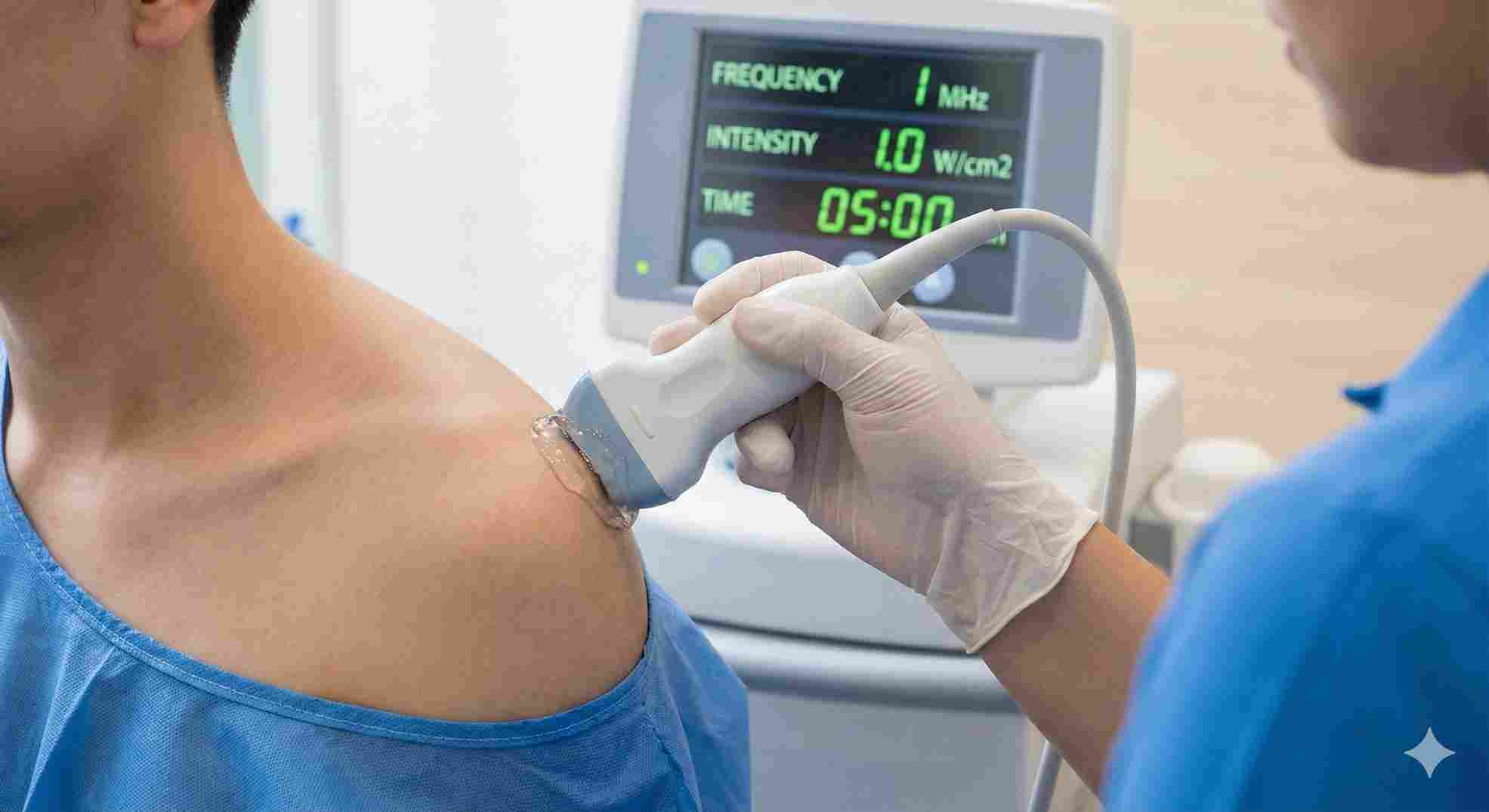 Physical therapist applying therapeutic ultrasound for 97035 cpt code billing.