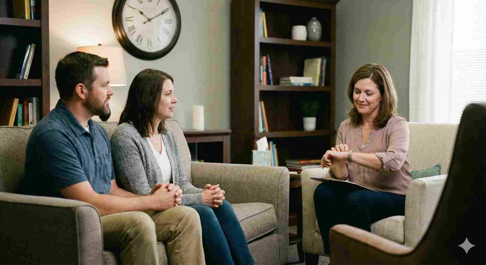 Therapist monitoring the 90846 cpt code time range during a parent session.