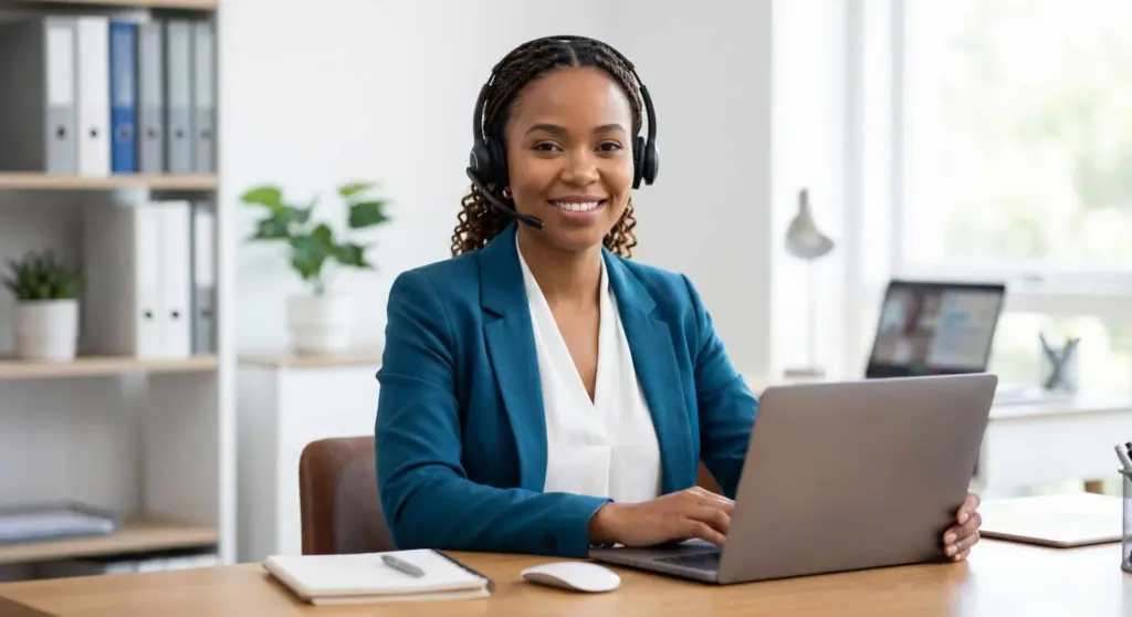 A professional female Virtual Medical Assistant with a headset smiling while working on a laptop in a clean, modern office environment.