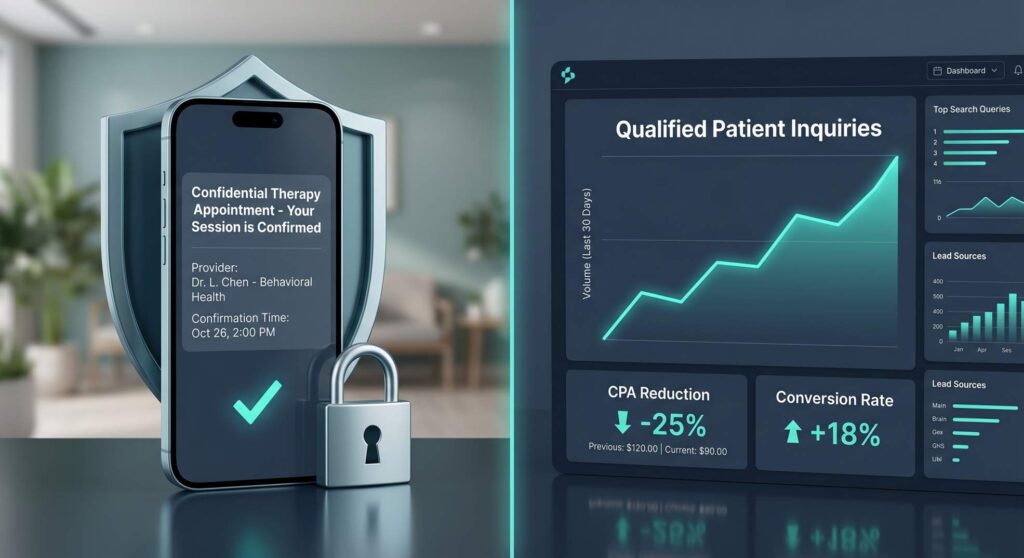 HIPAA-compliant digital marketing dashboard and automated patient scheduling system for behavioral health and psychiatric practices.