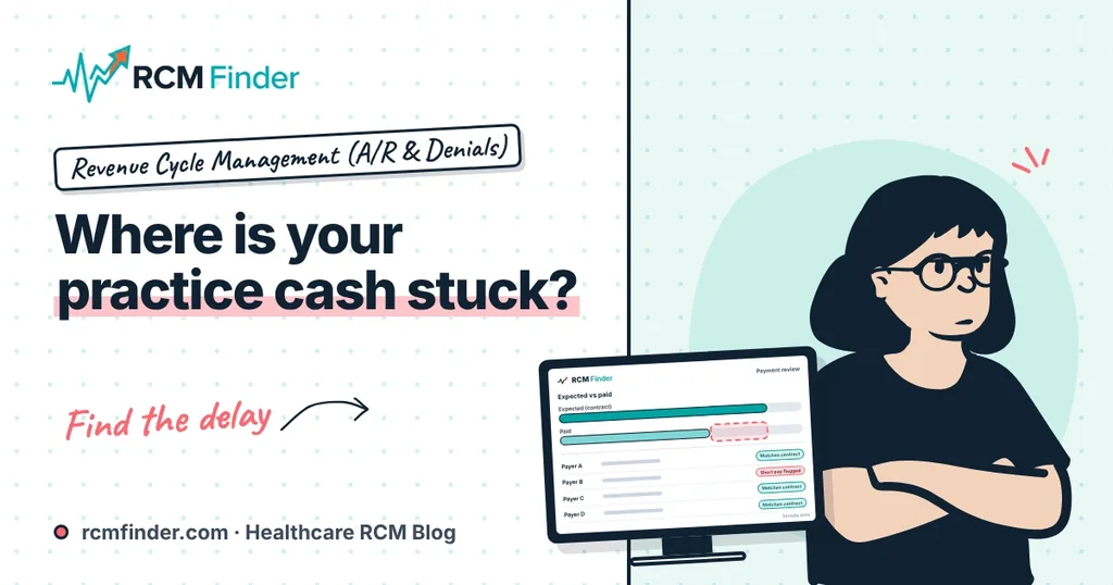 Illustration of a medical practice manager reviewing a cash flow report beside a stack of coins, illustrated