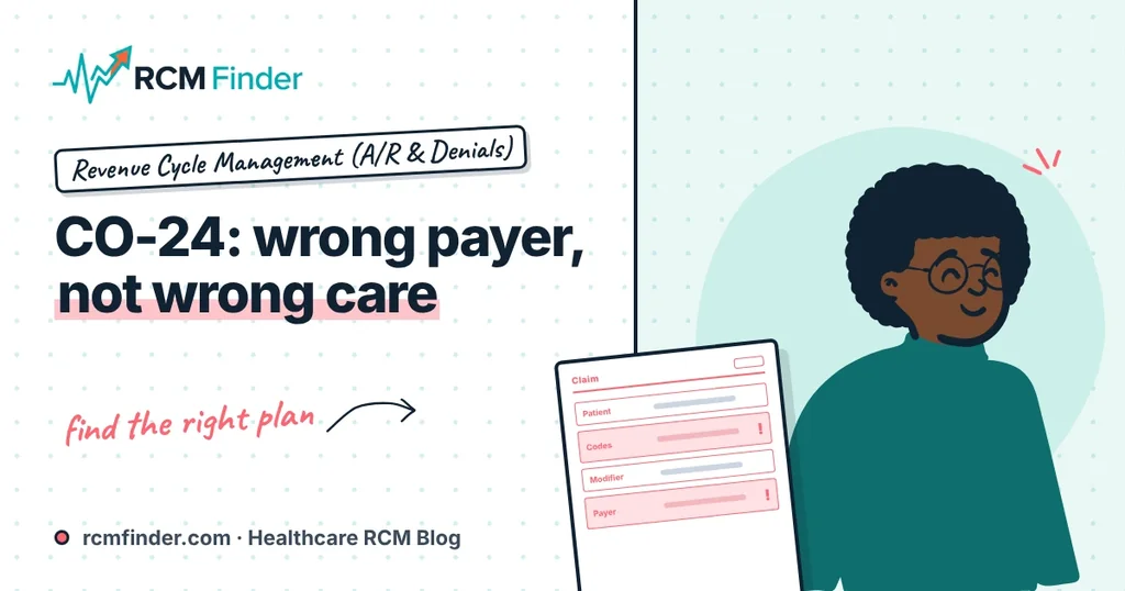 A claim folder being redirected from one office building to a managed care plan office, illustrating a wrong-payer denial