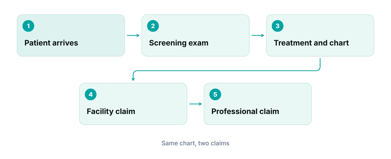 Flow from ED arrival and screening exam to facility and professional claims