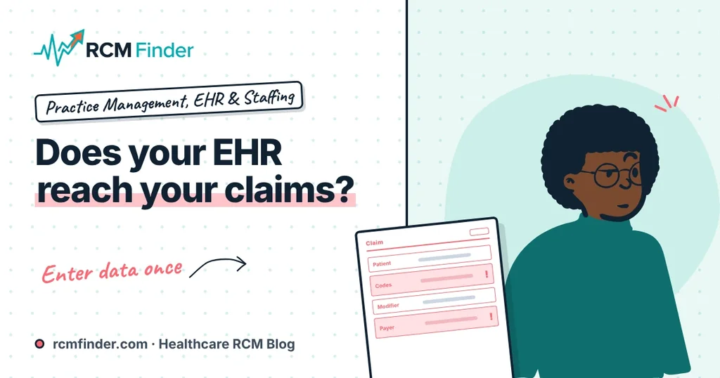 Illustration of an EHR screen linked by arrows to a claim form and a payment coin