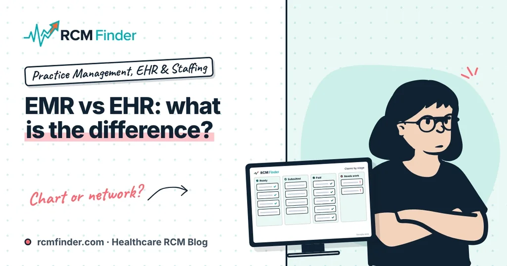 Illustration of two digital charts, one inside a clinic and one linked to several buildings, representing EMR vs EHR