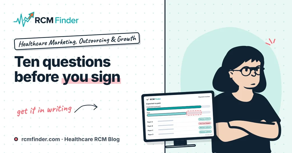 Practice manager at a desk with a checklist and a magnifying glass over a billing contract