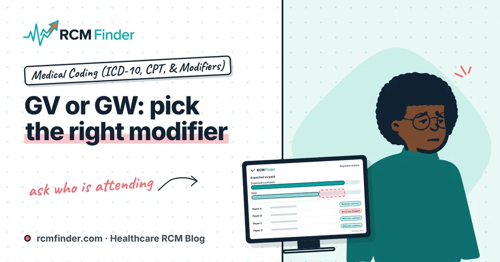 Friendly illustrated billing specialist with a hospice patient's chart choosing between GV and GW modifier cards