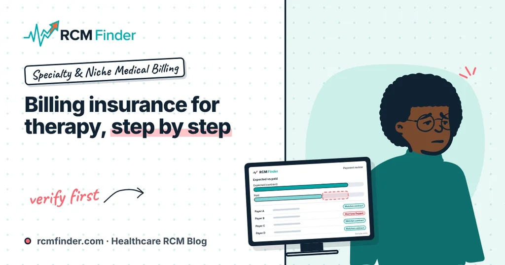 Therapist at a desk with a laptop, insurance card and claim form illustrating how to bill insurance for therapy
