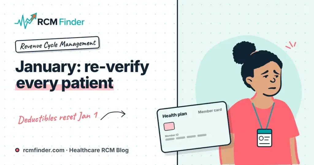 Front desk staff member re-verifying a patient's new insurance card and reset deductible at the first visit of the year