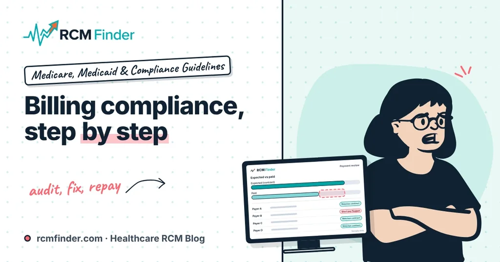 Friendly illustrated practice manager checking a claims folder against a compliance checklist
