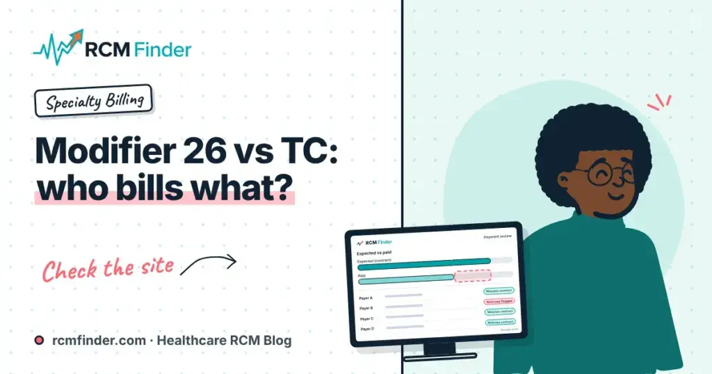 Cardiology biller reviewing an echo claim to choose modifier 26, modifier TC or a global claim