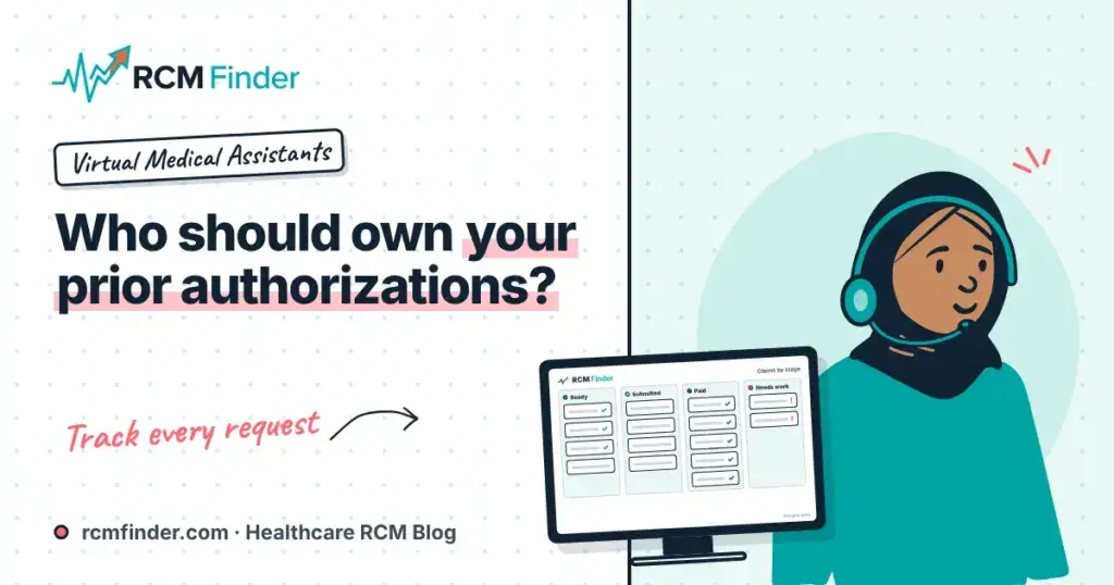 Virtual medical assistant at a desk working a prior authorization queue for a medical practice