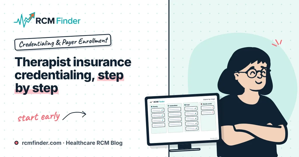 Therapist at a desk with a credentialing checklist, shield badge and insurance card icons